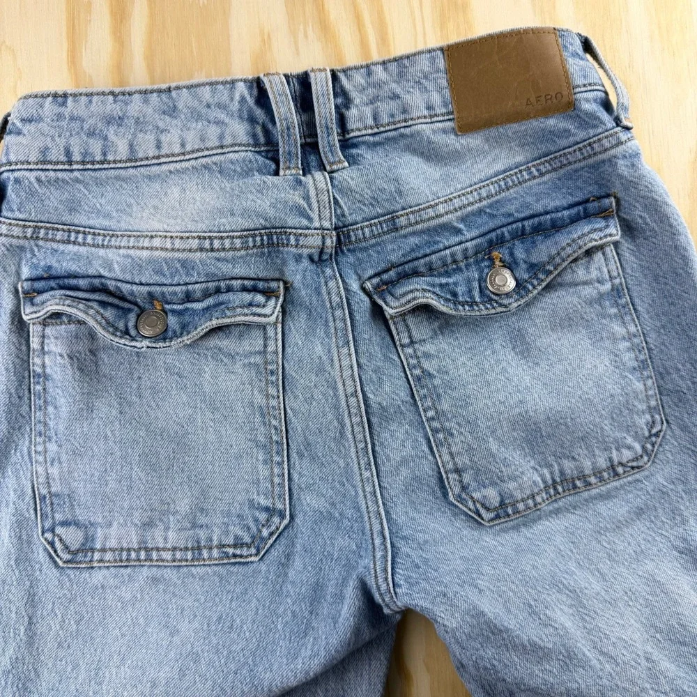 Aeropostale Womens 2R Mid Rise Flare‎ Utility Cargo Jeans Light Wash Blue Denim